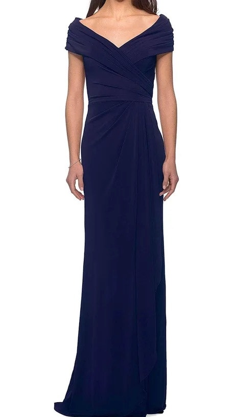 La Femme Navy Blue Off Shoulder V-Neck Long Sheath Evening Gown Size 16